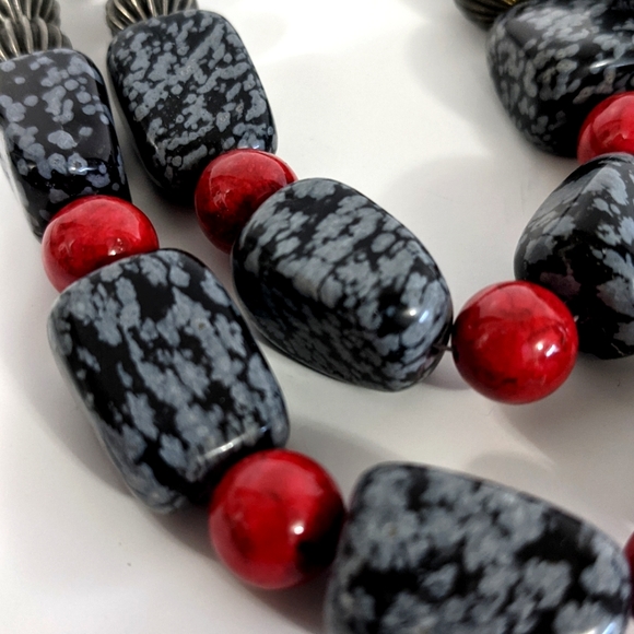 Handmade Gemstone Necklace Double Strand Black Red Grey Semiprecious Obsidian - Picture 6 of 6
